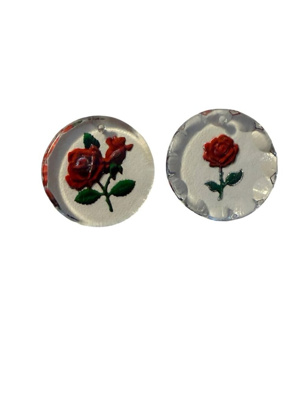 Vintage Lucite Rose Cabochon Charms Pair Red Flower Clear Acrylic Craft Findings